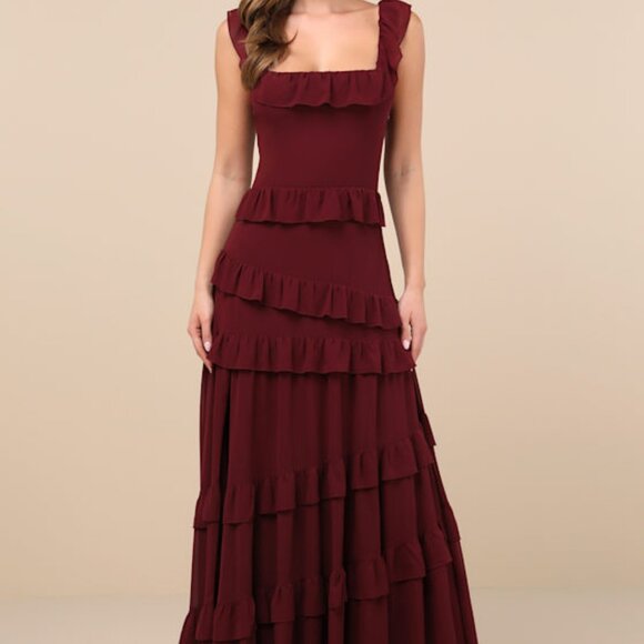 Lulus Compelling Romantic Burgundy Ruffled Tiered Maxi Dress - Size XL - Picture 1 of 4